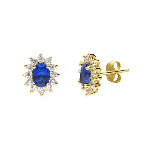 Lucardi Dames Zilveren goldpalted oorbellen met blauwe steen en zirkonia - Oorbellen - 925 Zilver - Goudkleurig