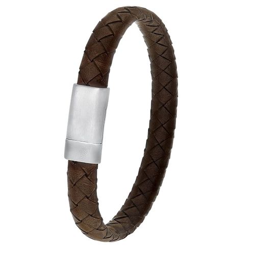 Lucardi Heren Armband gevlochten leer donker bruin - Leer - Armband - Cadeau - 21 cm - Zwart