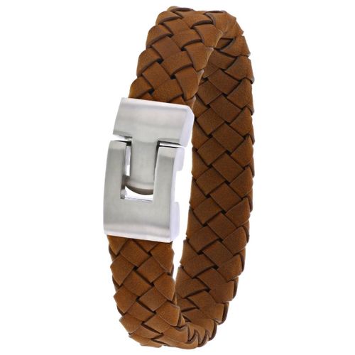Lucardi Heren Armband gevlochten leer licht bruin - Leer - Armband - Cadeau - 19 cm - Zilverkleurig