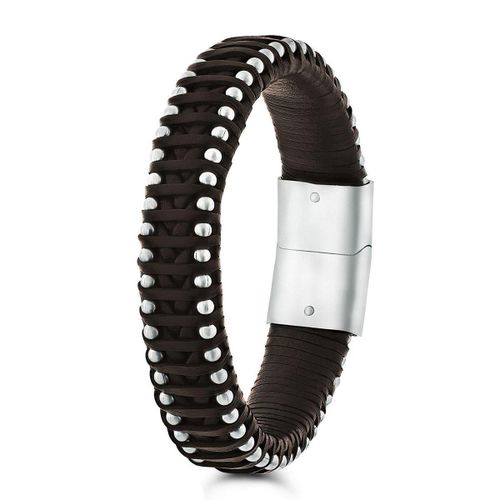 Lucardi Heren Armband met bruin leer - Leer - Armband - Cadeau - 19 cm - Zilverkleurig