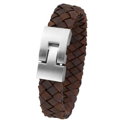 Lucardi Heren armband met gevlochten leer - Staal - Armband - Cadeau - 22 cm - Donkerbruin