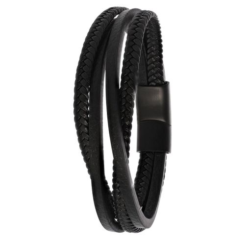Lucardi Heren Blackplated armband gevlochten leer - Leer - Armband - Cadeau - 21 cm - Zwart