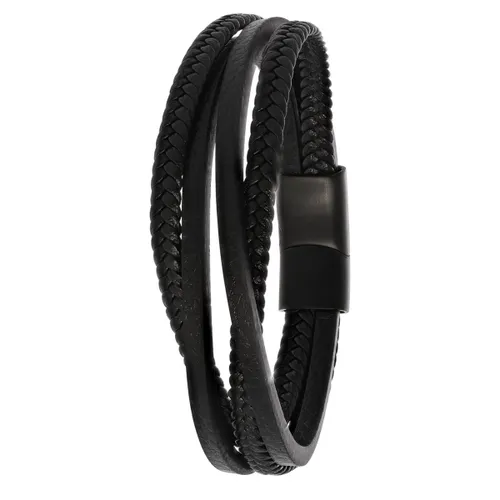 Lucardi Heren Blackplated armband gevlochten leer - Leer - Armband - Cadeau - Vaderdag - 22 cm - Zwart