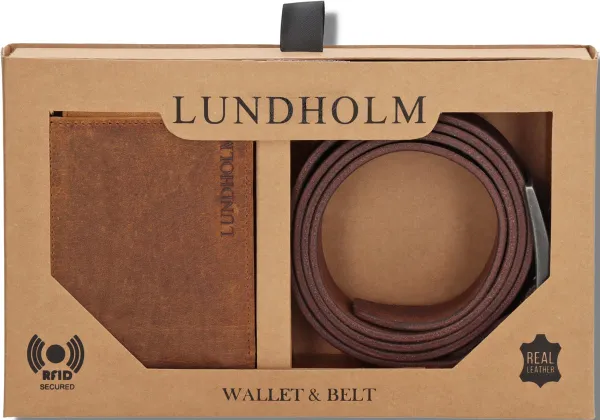 Lundholm luxe giftset leren heren portemonnee RFID compact en riem heren leer bruin cognac - cadeau voor man - cadeau mannen cadeautjes geschenk set -...