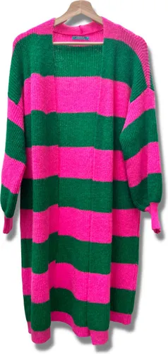 Lundholm vest dames lang gebreid groen roze geblokt - Scandinavische trui dames - gebreide vesten dames lang one
