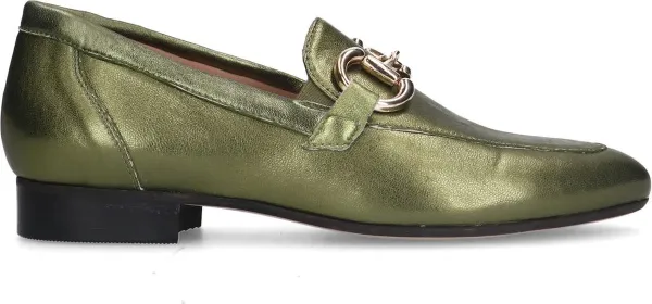 Manfield - Dames - Groene leren loafers met goudkleurig detail