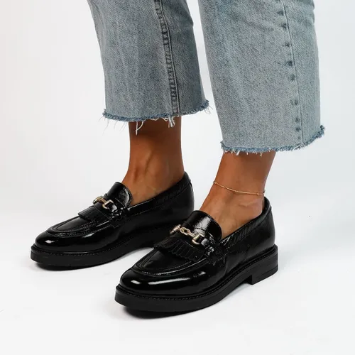 Manfield - Dames - Zwarte lakleren loafers met goudkleurige details