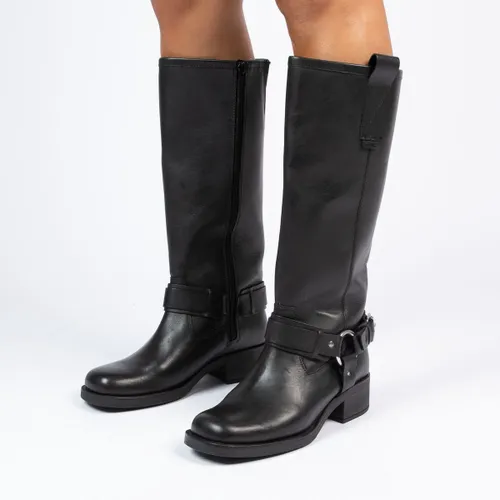 Manfield - Dames - Zwarte leren hoge laarzen met zilverkleurige details