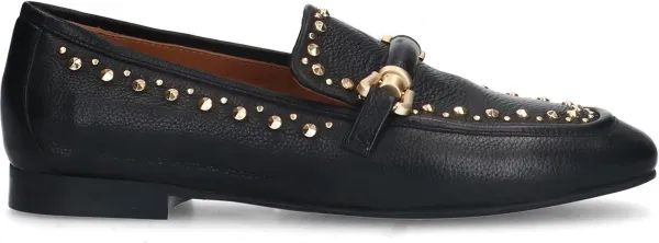 Manfield - Dames - Zwarte leren loafers met goudkleurige studs