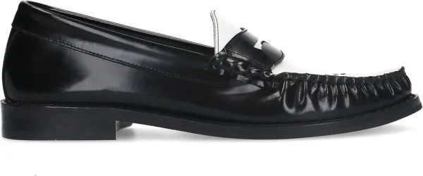 Manfield - Dames - Zwarte leren loafers met wit detail