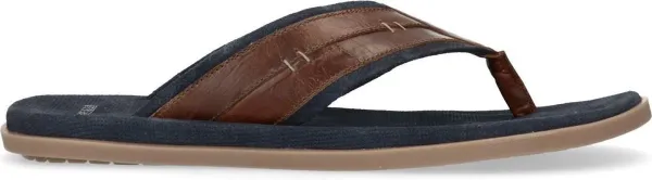 Manfield - Heren - Cognac slippers met donkerblauwe details