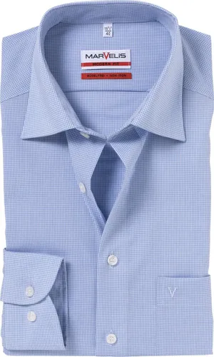 MARVELIS modern fit overhemd - blauw met wit geruit - Strijkvrij - Boordmaat: 45