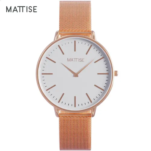 MATTISE Dames Horloge Rosé Goud met Rosé Goud Horlogebandje van Gewoven Staal — Valerie white 38 mm Quartz Horloge Dames — Horloge voor vrouwen — Horl...
