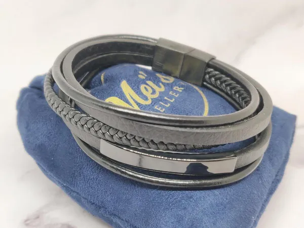 Mei's | Coco Leather Ropes armband | armband heren / sieraad heren / Echt Leder / 316L Roestvrij Staal / Chirurgisch Staal | polsmaat 19,5 cm / zwart