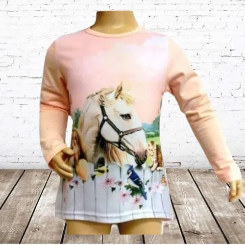 Meisjes shirt paard met vogels en poes zalm -s&C-86/92-Longsleeves meisjes