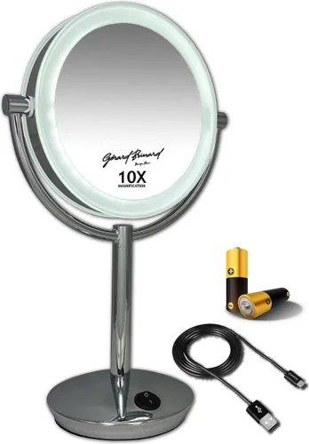 Metalen verlichte Make-up LED Spiegel CHROOM of (zwart) 10X of (7x) vergroting 19cm doorsnee, inclusief 4x AA batterijen en USB stroomkabel