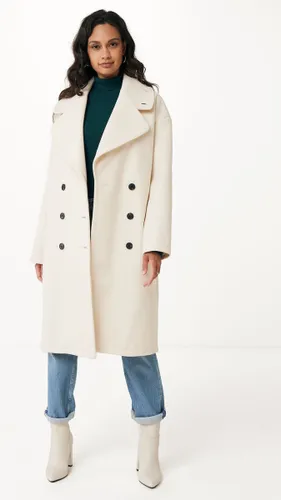 Midi Length Big Lapel Collar Coat Dames - Pearl White