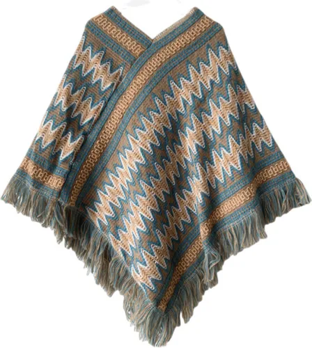 N3 Collecties Bohemian Knitted Tassel Warme Mantel Jas Herfst Winter Poncho-Grijs