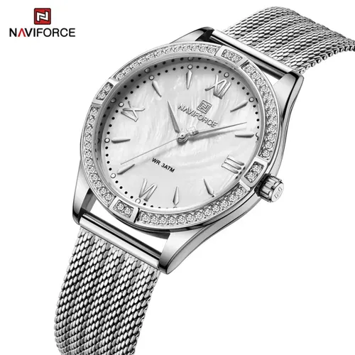 NAVIFORCE horloge met zilveren stalen polsband, witte wijzerplaat en zilveren horlogekast voor dames met stijl ( model 5028 SW )
