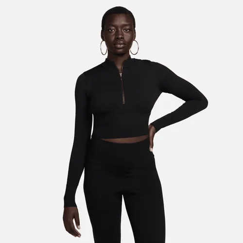 Nike Sportswear Chill Knit aansluitende korte damestrui met lange mouwen en halflange rits - Zwart