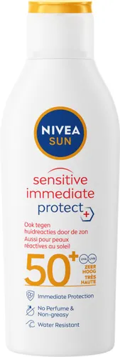 NIVEA SUN Sensitive Immediate Protect Zonnebrand Melk - Gevoelige huid - SPF 50+ - Met aloë vera en antioxidanten - Voorkomt huidreacties - 200 ml