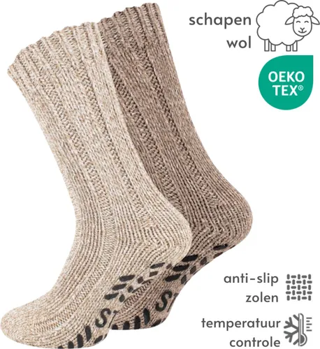 Noorse Dikke Wollen Sokken met antislip - Set van 2 paar - Beige & Bruin