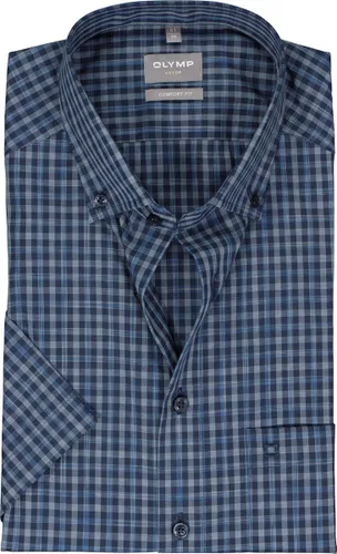 OLYMP comfort fit overhemd - korte mouw - popeline - blauw geruit geruit - Strijkvrij - Boordmaat: 43