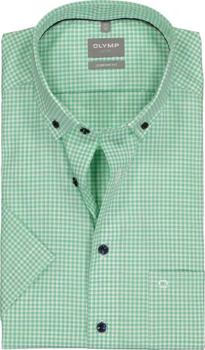 OLYMP comfort fit overhemd - korte mouw - popeline - groen met wit geruit - Strijkvrij - Boordmaat: 41