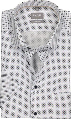 OLYMP comfort fit overhemd - korte mouw - popeline - wit met blauw en beige blokjes dessin - Strijkvrij - Boordmaat: 40