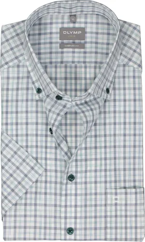 OLYMP comfort fit overhemd - korte mouw - popeline - wit met groen en blauw geruit - Strijkvrij - Boordmaat: 44