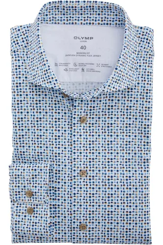 OLYMP Luxor 24/Seven Dynamic Flex Modern Fit Jersey shirt blauw/bruin/wit, Motief