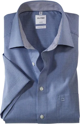 OLYMP Luxor comfort fit overhemd - korte mouw - donkerblauw met wit geruit (contrast) - Strijkvrij - Boordmaat: 43