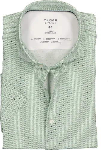 OLYMP Luxor modern fit overhemd 24/7 - korte mouw - groen met wit tricot dessin - Strijkvriendelijk - Boordmaat: 39