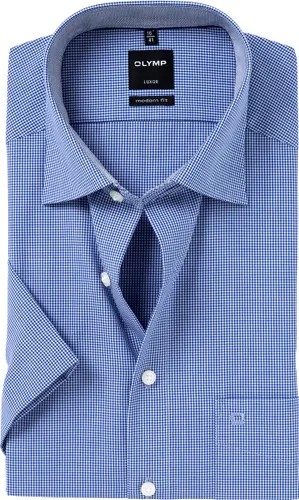 OLYMP Luxor modern fit overhemd - korte mouw - donkerblauw met wit geruit (contrast) - Strijkvrij - Boordmaat: 45