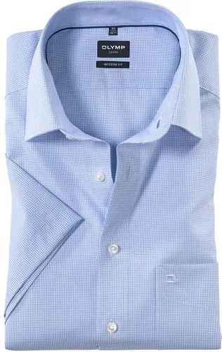 OLYMP Luxor modern fit overhemd - korte mouw - lichtblauw met wit geruit - Strijkvrij - Boordmaat: 46