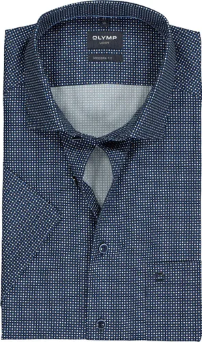 OLYMP modern fit overhemd - korte mouw - popeline - donker- en lichtblauw met wit blokjes dessin - Strijkvrij - Boordmaat: 39