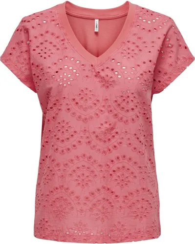 Only T-shirt Onllulu Life S/s V-neck Top Box Jrs 15324523 Coral Paradise/broderie Dames