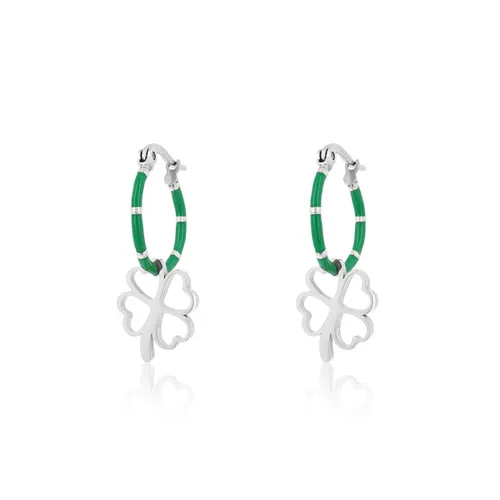 OOZOO Jewellery - Zilverkleurig/groene oorringen met een klaver bedeltje - SE-3006