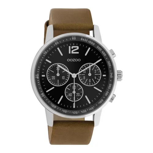 OOZOO Timepieces - zilverkleurige horloge met bruine leren band - C10812 - Ø42
