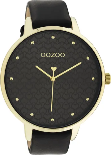 OOZOO Timpieces - goudkleurige horloge met zwarte leren band - C11039