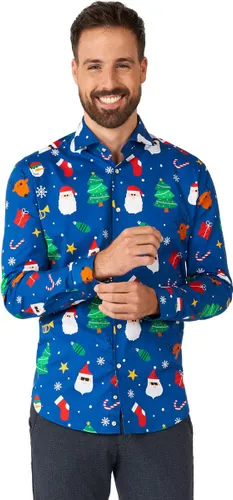 OppoSuits SHIRT LS Festivity Blue - Heren Overhemd - Kerstshirt - Blauw