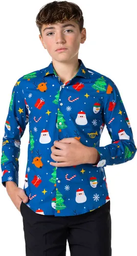 OppoSuits SHIRT LS Festivity Blue Teen Boys - Tiener Overhemd - Kerstshirt - Blauw