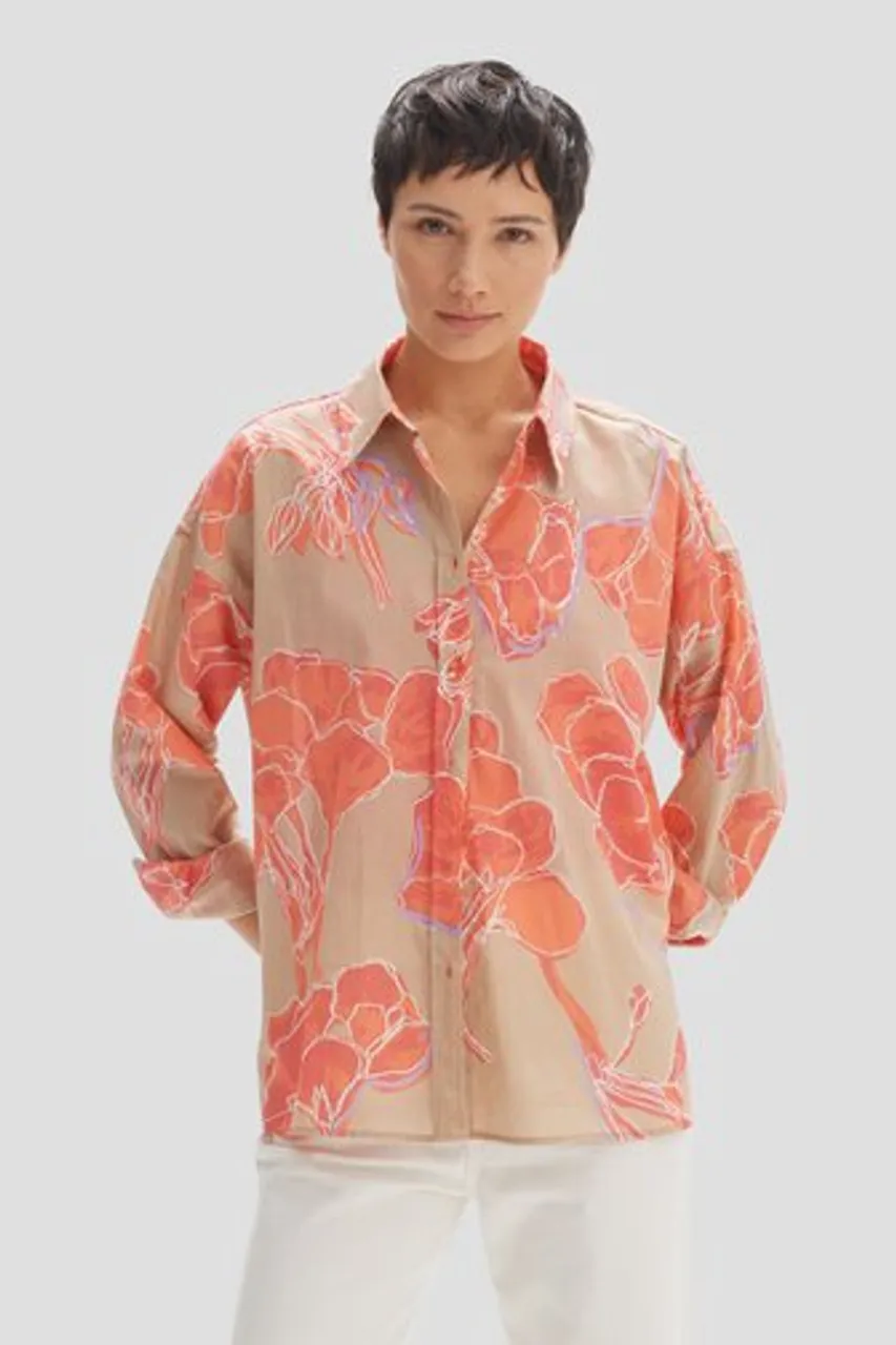 Opus Beige blouse met koraalroze bloemenprint