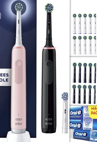 Oral B Pro 3 3900 Duo - Groot startpakket - Zwart en Roze Elektrische tandenborstel - 20 x Cross Action Pro opzetborstels - (10x zwart en 10 x wit) +...