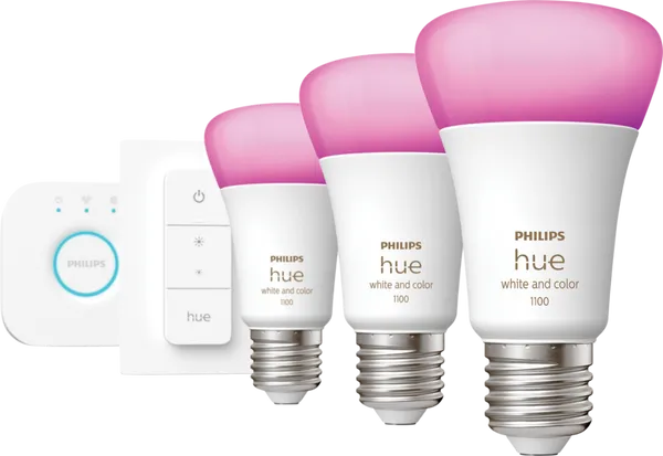 Philips Hue White & Color Starter Pack E27 met 3 lampen, dimmer + Bridge