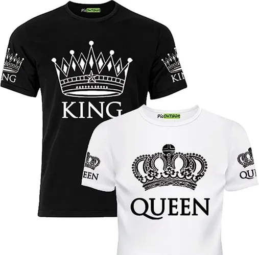 PicOnTshirt - Teetalks Series - T-Shirt Dames - T-Shirt Heren - T-Shirt Met Print - Couple T-Shirt Met King and Queen Print - 2 Pack - Zwart - Heren 3