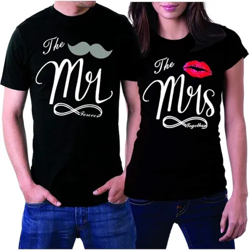 PicOnTshirt - Teetalks Series - T-Shirt Dames - T-Shirt Heren - T-Shirt Met Print - Couple T-Shirt Met Mr. and Mrs. Print - 2 Pack - Zwart - Heren S/D