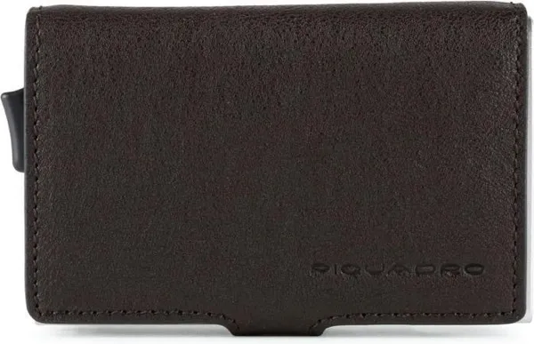 Piquadro Black Square Credit Card Holder Case Metal Dark Brown
