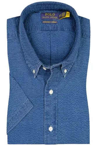 Polo Ralph Lauren casual overhemd korte mouw blauw effen katoen button-down