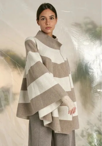 poncho cape omslagdoek, gestreept wolwit taupe